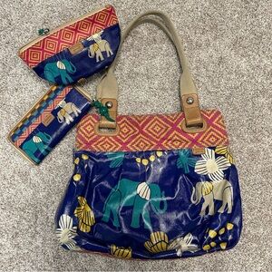 Fossil Key Per Elephant coated canvas tote purse with wallet and pouch